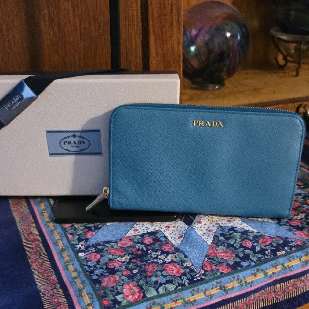 Prada Saffiano Metal Zip Around Wallet Turchese Talco NIB